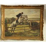 * Dale (20th century) - a huntsman on horseback jumping over a fence, signed and dated 54, oil on