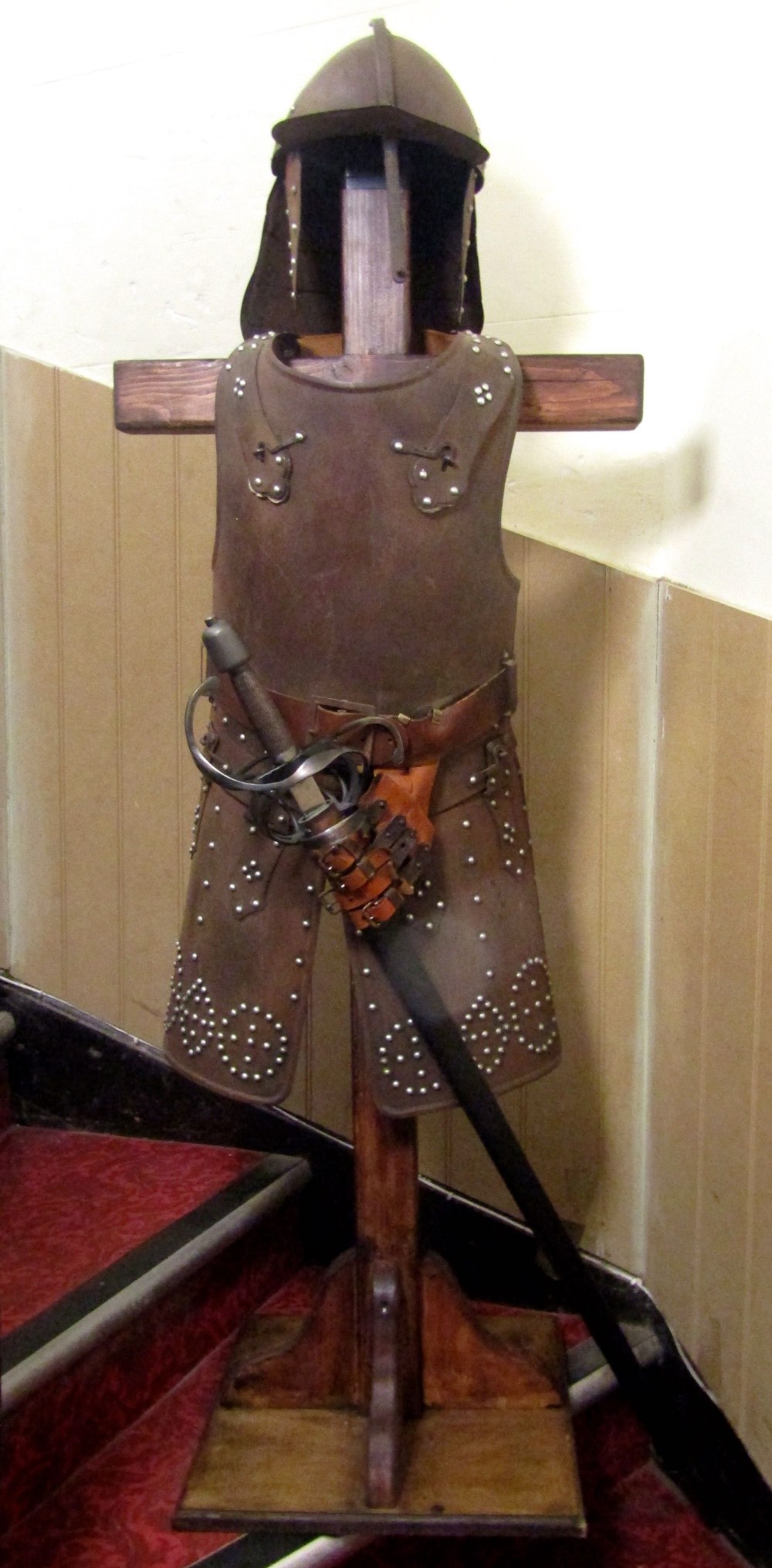 A reproduction civil war suit of armour comprising helmet, nose guard, breast plate and combined