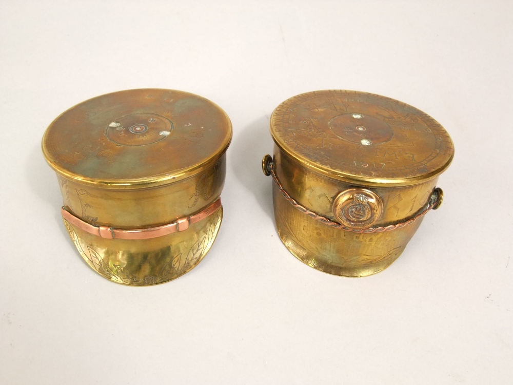 An interesting pair of brass trench art lanterns in the form of captains helmets, one inscribed E - Image 4 of 5