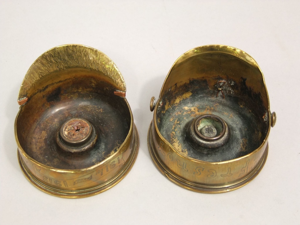 An interesting pair of brass trench art lanterns in the form of captains helmets, one inscribed E - Image 2 of 5