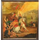 An oil painting on canvas in the 19th century naive manner showing a dramatic classical scene with
