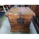 A small stripped pine strongbox, probably Mexican, with side carrying handles and iron fittings