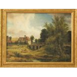 19th century school - study of figures and cattle in a rural landscape with a bridge and cottage,