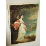 A large early 20th century coloured engraving of a lady in 18th century style costume, signed