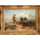 19th century Scottish school - study of a man in a kilt pulling two Shetland ponies, in a