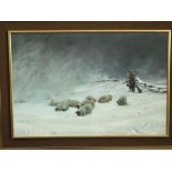 * Sutton (20th century) - study of a flock of sheep with shepherd and sheep dog in a snowy