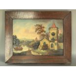 A picture clock with a rural landscape with figures and boating scene and a church, automaton