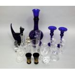 A collection of Bristol Blue glass to include a bottle neck decanter, 33 cm high, with cut