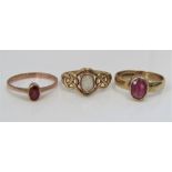 Three 9ct gem set rings, all size P-Q, 7g total