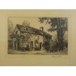 Eugene Veder study of a cottage, Barbizon - Atelier J. F. Millet, blind stamp seal, black and