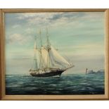 A 20th century oil painting on canvas of a marine scene with sailing vessel off the coast and with