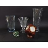 A mixed lot of glassware to include three studio glass vases and a paperweight; together with a desk