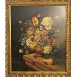 20th century school - still life of flowers spilling out of a pedestal bowl, signed Jan, oil on