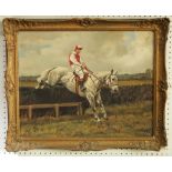 * Dale (20th century) - study of a jockey on horseback, clearing a fence, signed and dated 54, oil