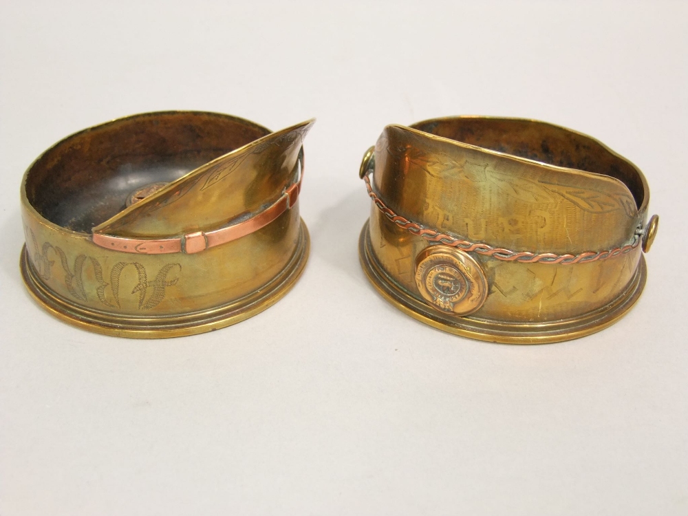An interesting pair of brass trench art lanterns in the form of captains helmets, one inscribed E - Image 3 of 5