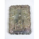 Victorian castle-top card case, Albert Memorial by Nathaniel Mills, amidst scrolled acanthus and