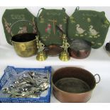 A mixed metalware lot to include and antique copper jam pan together with a further brass