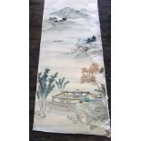 A Chinese scroll of wall paper with hand painted decoration of characters, waterscapes and