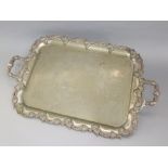 Silver plated twin handled tray, cast with grapevine, 70cm long
