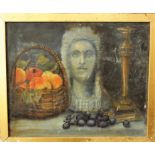Late 19th century British school - Still life with basket of fruit and bust of a woman, oil on