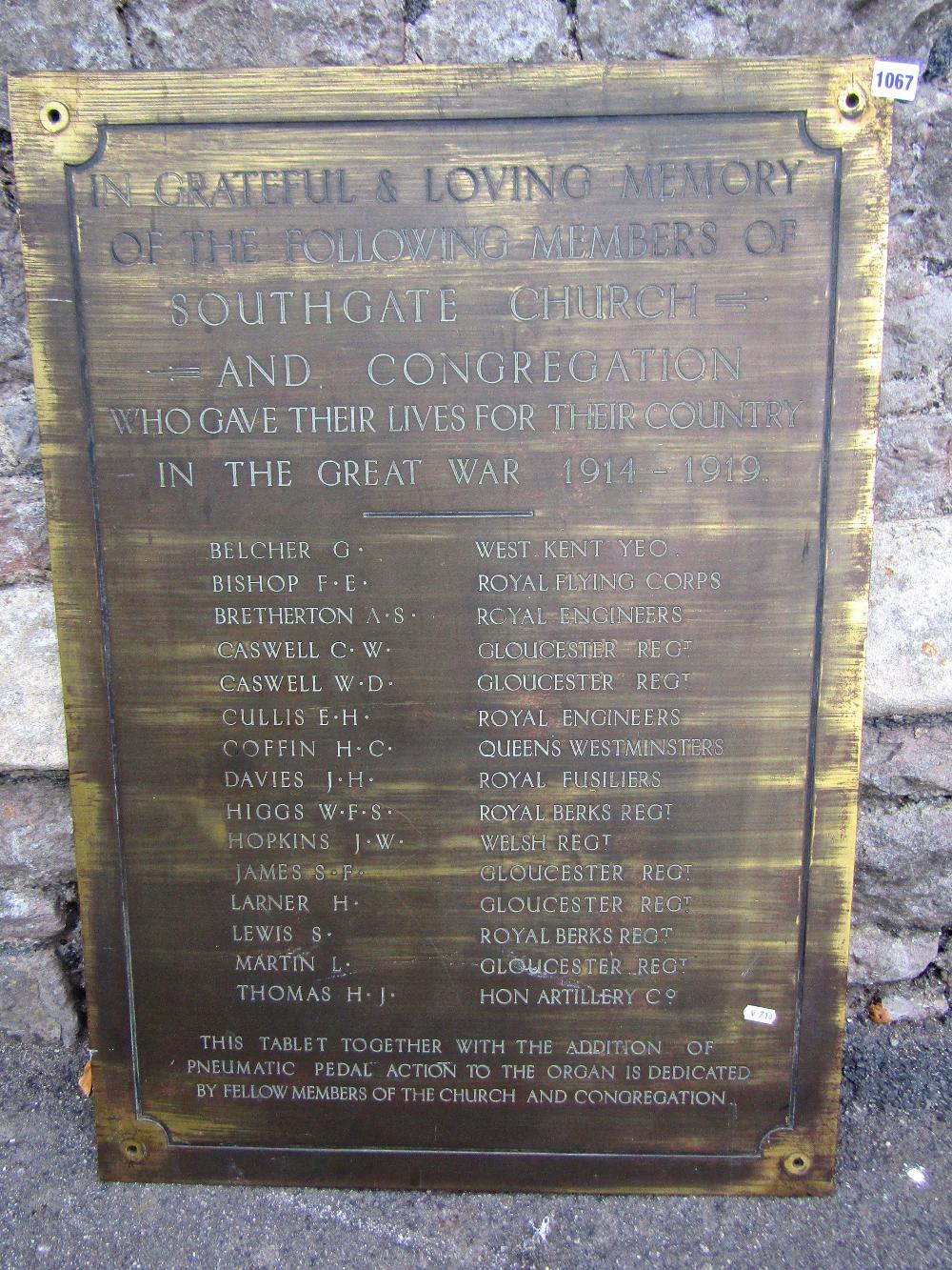 A reclaimed heavy brass ecclesiastical wall mounted plaque with engraved lettering commemorating