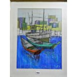 P J Stewart-Smith (20th century) - The waterfront, signed bottom right, with label verso, pastel, 49