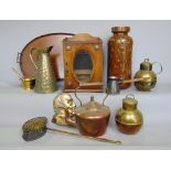 A mixed treen and metal ware lot to include an Edwardian kidney shaped gallery tray with boxwood