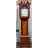 A Regency oak and mahogany cross banded longcase clock, the hood with swan neck cornice, broken arch