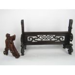 Chinese carved hardwood figure of a sage with a boy on his lap upon a scrolled base, 24cm;