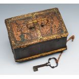 A 17th century gilt brass casket, German probably Norenburg, with engraved panel showing opposing