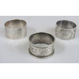 Three silver napkin rings, 2.5oz approx