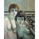 20th century school - Study of two female nudes, oil on canvas, unsigned, 74 x 58cm, unframed