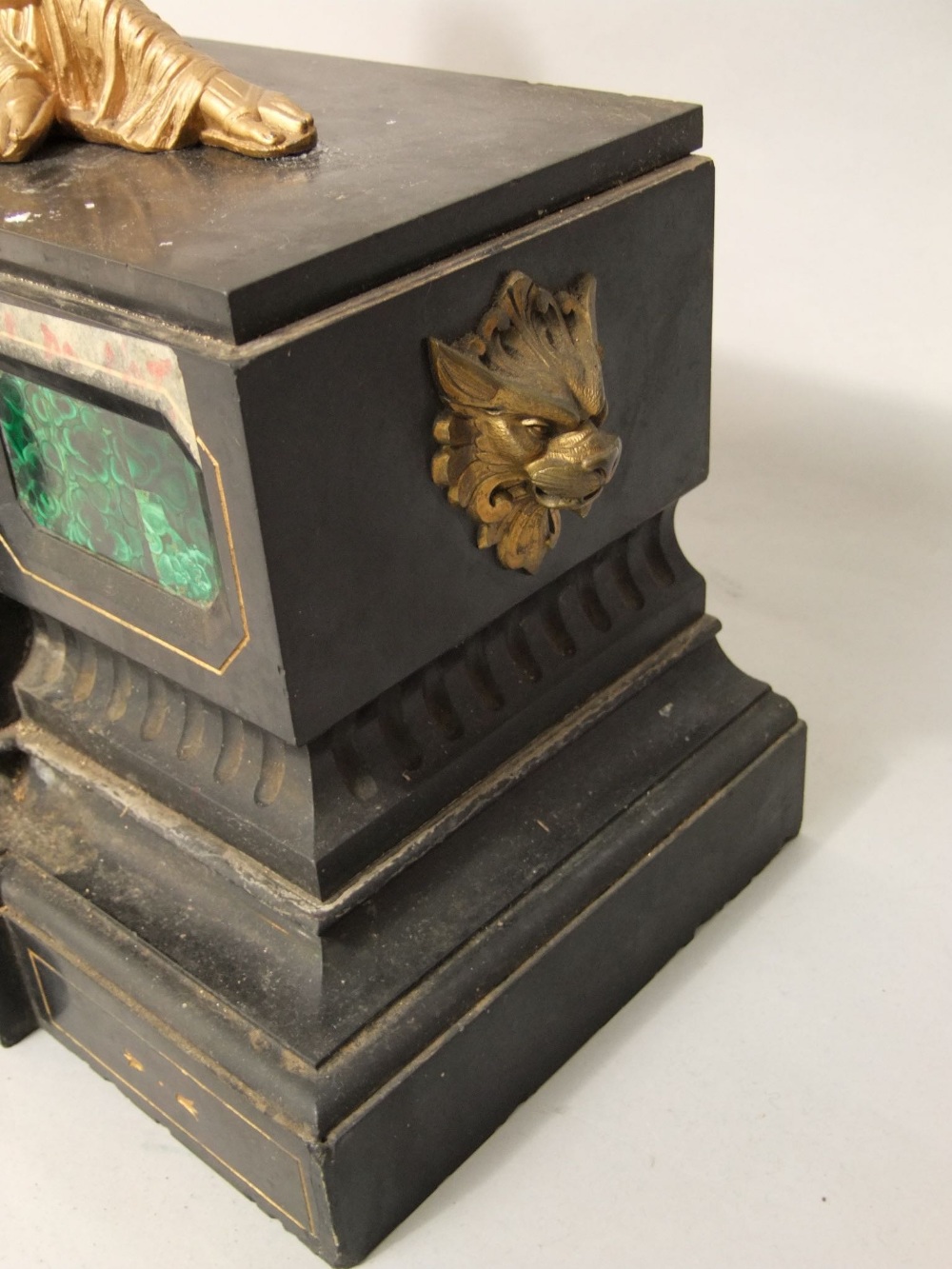 19th century black slate mantle clock, mounted by a gilt metal figure of a reclining maiden, the - Image 3 of 6