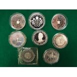 Royal Mint proof coinage - three silver £5 coins together with five silver crowns