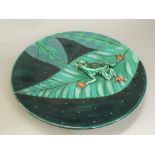 Anita Harris studio charger, a three dimensional frog upon a green leaf background, 40cm,