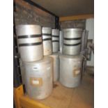 Fifteen aluminium industrial food canisters of cylindrical form complete with lids, two sizes, the