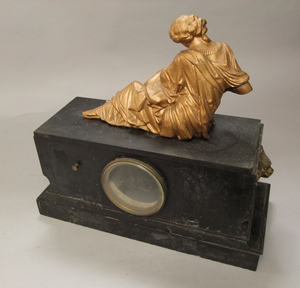 19th century black slate mantle clock, mounted by a gilt metal figure of a reclining maiden, the - Image 6 of 6