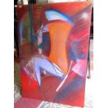 A large abstract painting on steel of a woman sitting on a chair, 152 cm x 104 cm