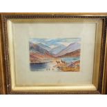 A M Horan (early 20th century British school) - Mountainous lake scene with deer, watercolour,
