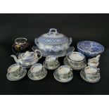 A collection of 19th century tea wares with printed and infilled chinoiserie detail including