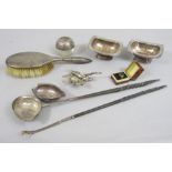 Mixed silver and white metal lot to include two horn handled toddy ladles (one a.f), a silver topped