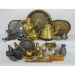 A very large collection of antique and later metal ware to include brass spirit kettle and other tea