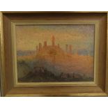 20th century school - Continental landscape with towers to the distance, oil on board in the