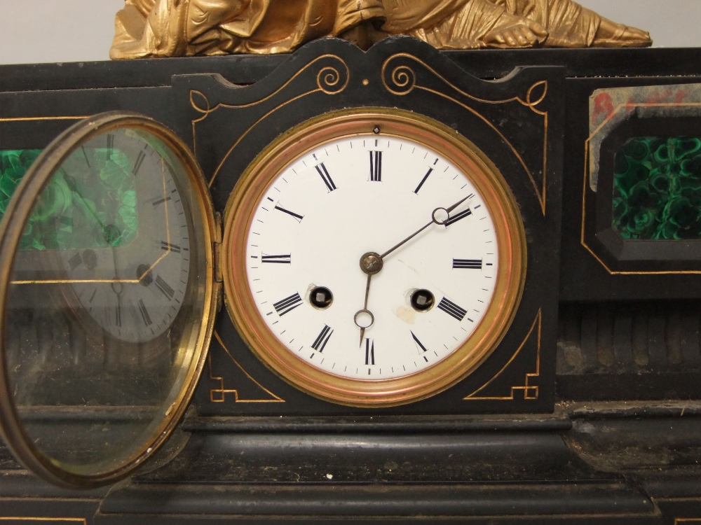 19th century black slate mantle clock, mounted by a gilt metal figure of a reclining maiden, the - Image 2 of 6