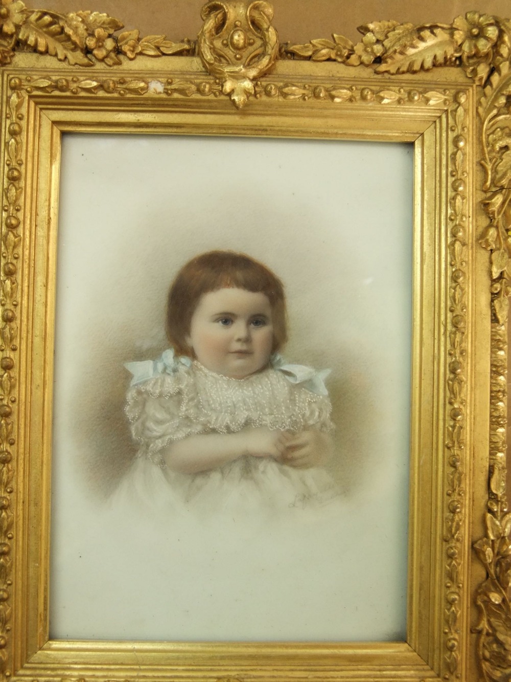 Late 19th century school - Miniature portrait of a young child in lace dress with blue ribbons, - Image 2 of 3
