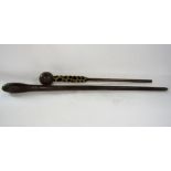 Tribal interest - Two Knobkerrie type sticks, one with band of leopard fur (2)