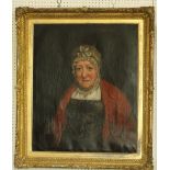 19th century British school - Half length portrait of an elderly lady in bonnet and red shawl, oil