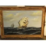 Ladage (20th century) - sailing ships on high seas, oil painting on canvas signed, 60 x 90 cm in