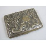 Good quality eastern white metal card case embossed with a coiled dragon, 8cm long, 2.5oz approx