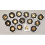 A collection of Westminster gold proof coins - smallest gold coins in the world collection - fifteen